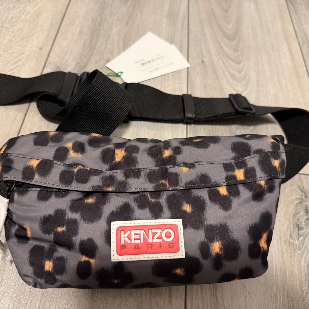 Kenzo Leopard Print Black And Tan Belt Bag With Red Logo Patch